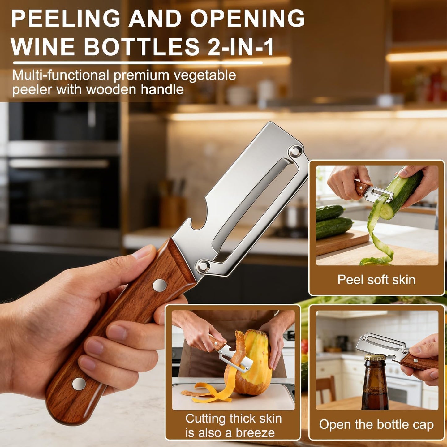 3-in-1 Stainless Steel Kitchen Peeler with Wooden Handle | Vegetable & Fruit Peeler, Slicer & Bottle Opener