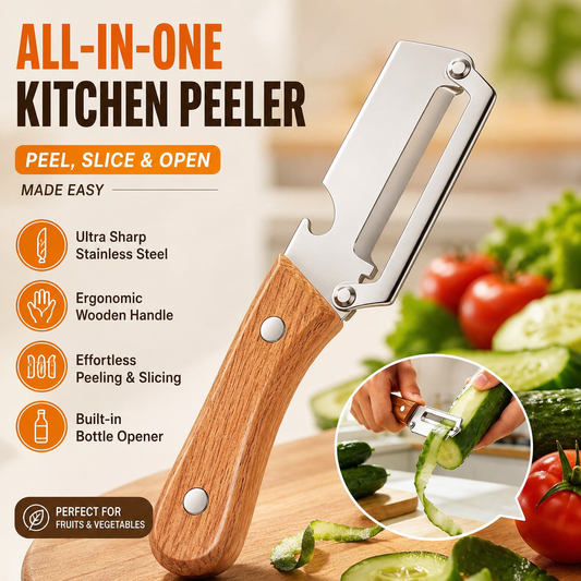 3-in-1 Stainless Steel Kitchen Peeler with Wooden Handle | Vegetable & Fruit Peeler, Slicer & Bottle Opener