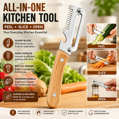 3-in-1 Stainless Steel Kitchen Peeler with Wooden Handle | Vegetable & Fruit Peeler, Slicer & Bottle Opener