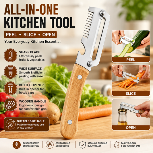 3-in-1 Stainless Steel Kitchen Peeler with Wooden Handle | Vegetable & Fruit Peeler, Slicer & Bottle Opener