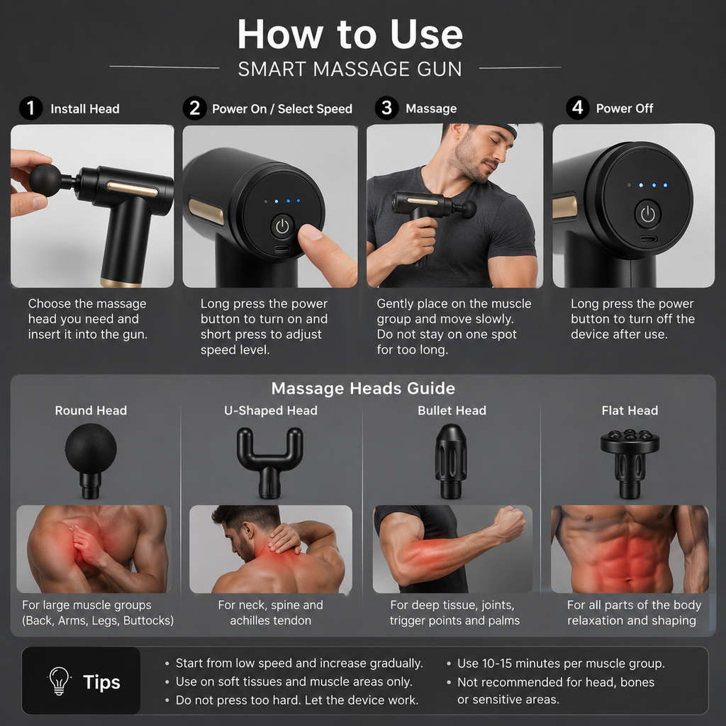 Portable Smart Massage Gun with 4 Massage Heads for Deep Tissue Muscle Recovery