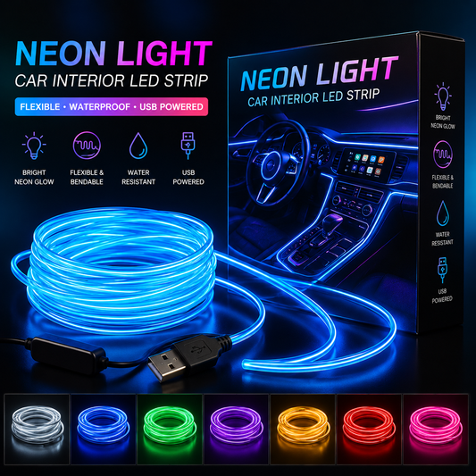 USB Car Interior Neon LED Strip Light – Flexible Ambient Dashboard Decorative Light (Waterproof)
