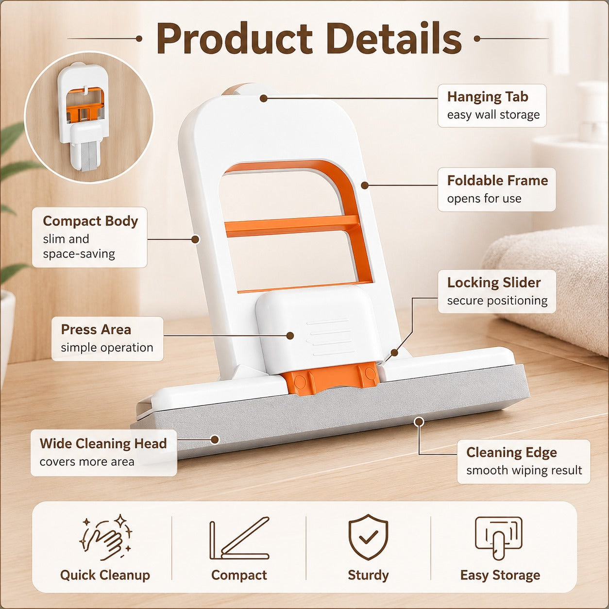 Foldable Wall-Mounted Mini Sponge Mop | Portable Handheld Cleaning Wiper for Kitchen, Bathroom & Glass