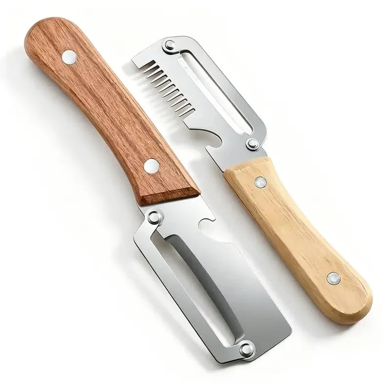 3-in-1 Stainless Steel Kitchen Peeler with Wooden Handle | Vegetable & Fruit Peeler, Slicer & Bottle Opener