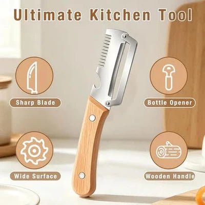 3-in-1 Stainless Steel Kitchen Peeler with Wooden Handle | Vegetable & Fruit Peeler, Slicer & Bottle Opener
