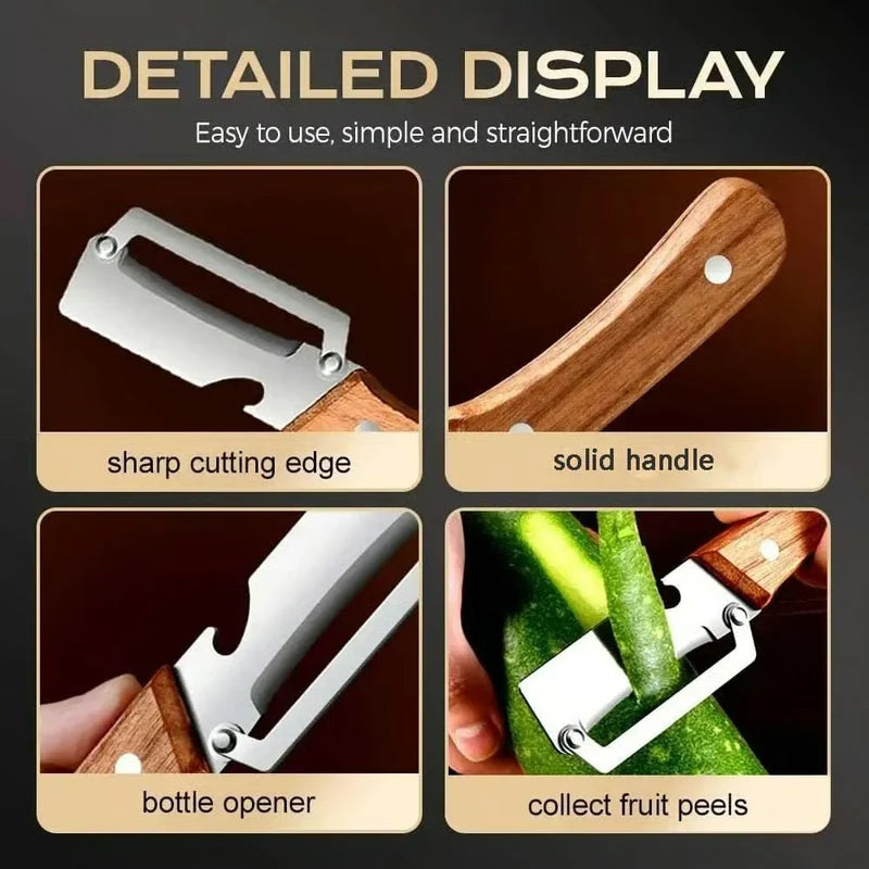 3-in-1 Stainless Steel Kitchen Peeler with Wooden Handle | Vegetable & Fruit Peeler, Slicer & Bottle Opener